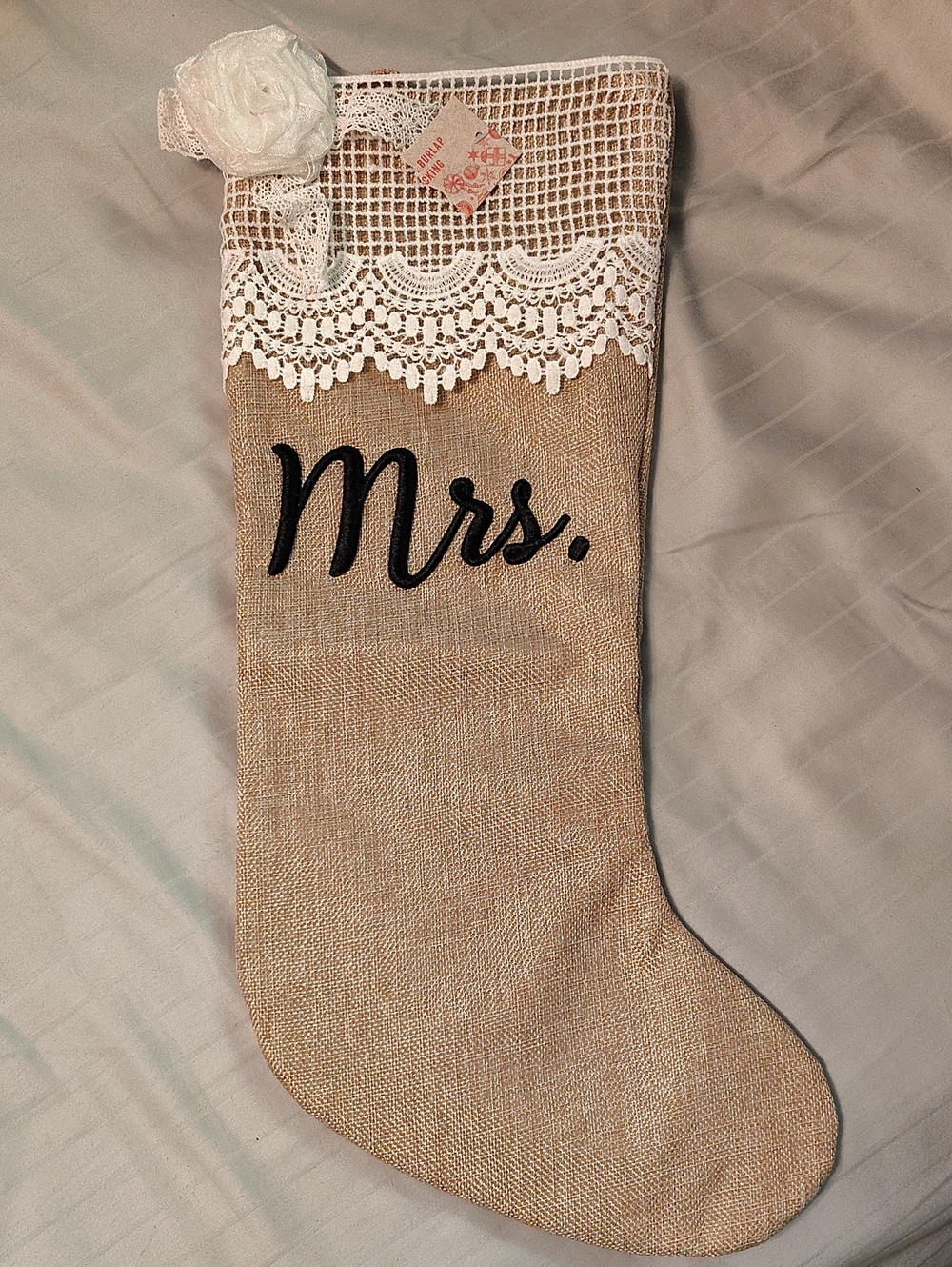 Mrs. Burlap Christmas Stocking with White Lace Trim